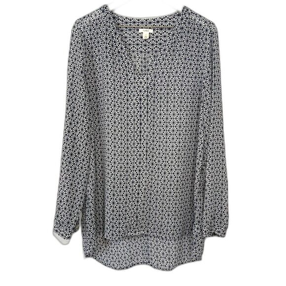 Caslon Geometric Pattern Popover Blouse Womens Large Blue Semi-Sheer V-Neck Top - Picture 1 of 4
